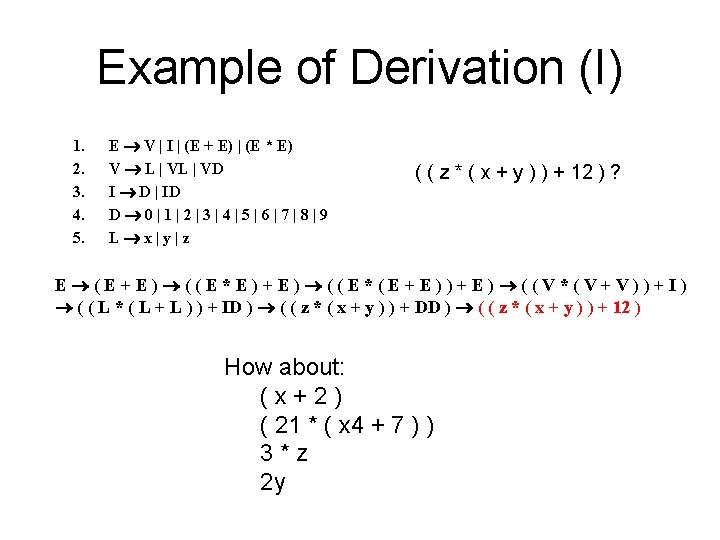 Example of Derivation (I) 1. 2. 3. 4. 5. E V | I |