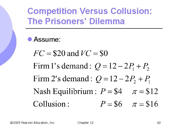 Competition Versus Collusion: The Prisoners’ Dilemma l Assume: © 2005 Pearson Education, Inc. Chapter