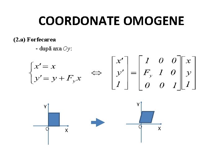 COORDONATE OMOGENE (2. a) Forfecarea - după axa Oy: Y Y O X 