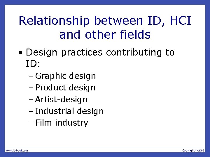 Relationship between ID, HCI and other fields • Design practices contributing to ID: –