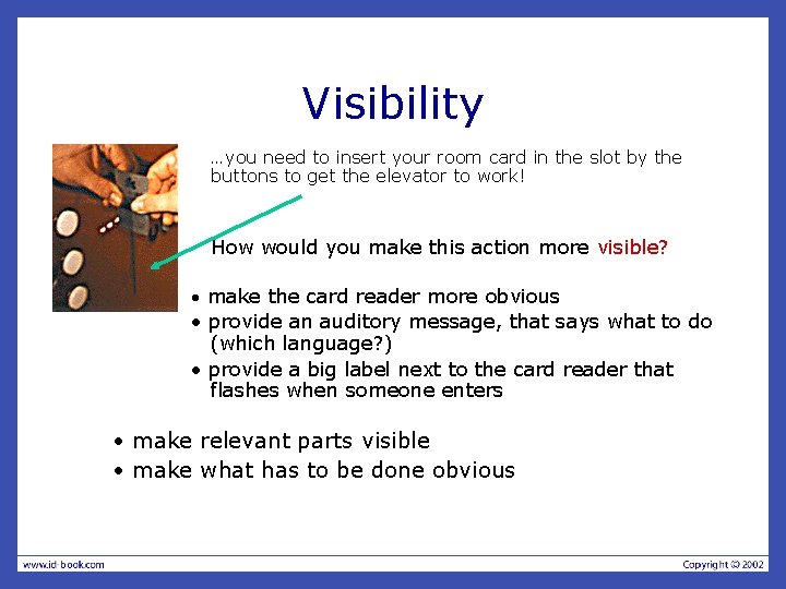 Visibility …you need to insert your room card in the slot by the buttons