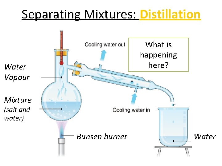 Separating Mixtures: Distillation What is happening here? Water Vapour Mixture (salt and water) Bunsen