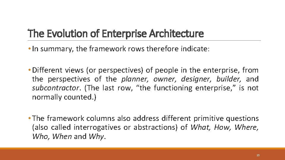 The Evolution of Enterprise Architecture • In summary, the framework rows therefore indicate: • The Evolution of Enterprise Architecture • In summary, the framework rows therefore indicate: •
