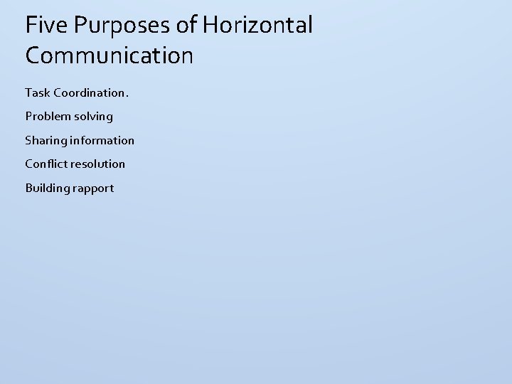 Five Purposes of Horizontal Communication Task Coordination. Problem solving Sharing information Conflict resolution Building