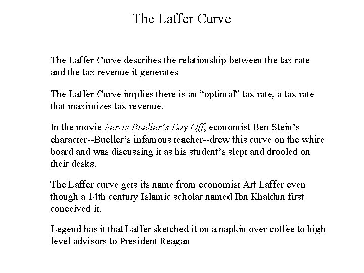 The Laffer Curve describes the relationship between the tax rate and the tax revenue