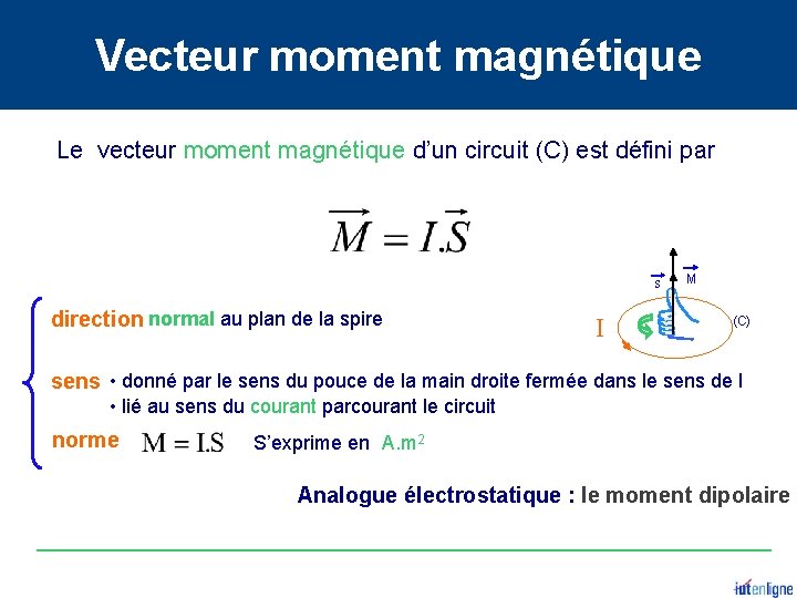 Vecteur moment magnétique Le vecteur moment magnétique d’un circuit (C) est défini par S