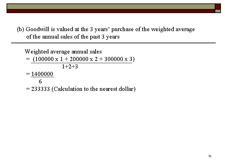 (b) Goodwill is valued at the 3 years’ purchase of the weighted average of