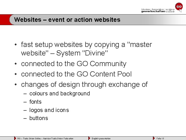 Websites – event or action websites • fast setup websites by copying a "master