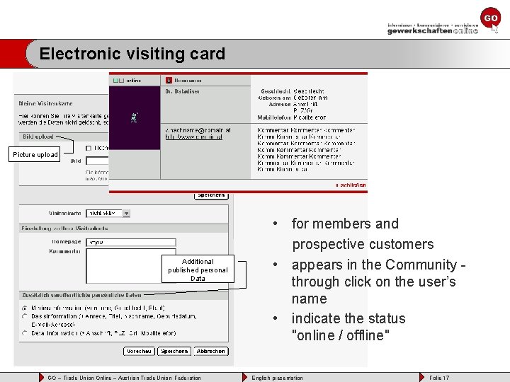 Electronic visiting card Picture upload Additional published personal Data GO – Trade Union Online