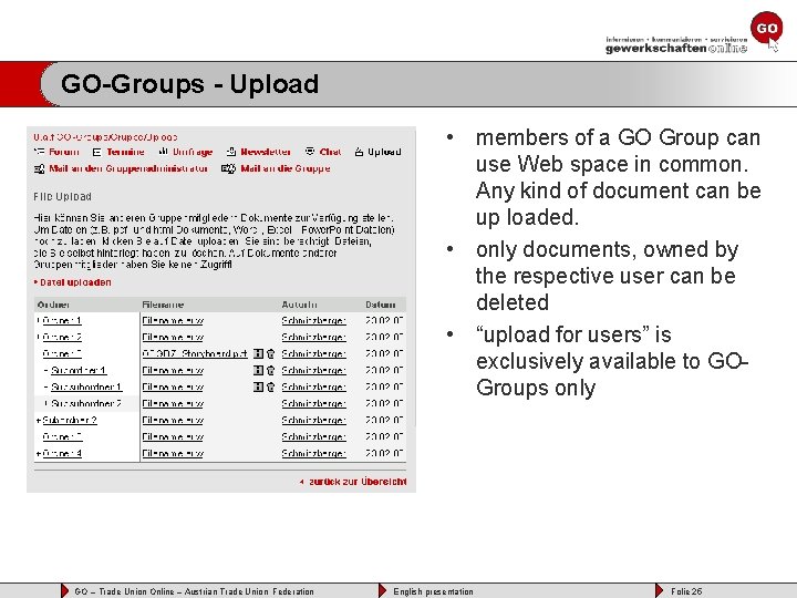 GO-Groups - Upload • members of a GO Group can use Web space in