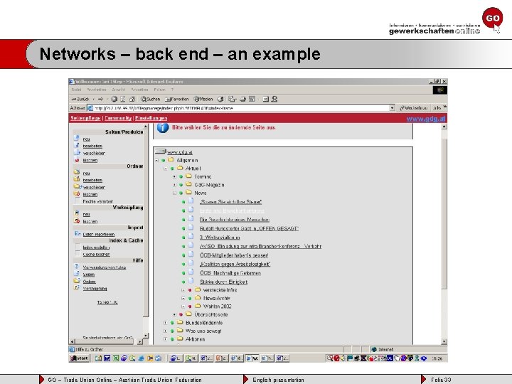 Networks – back end – an example GO – Trade Union Online – Austrian