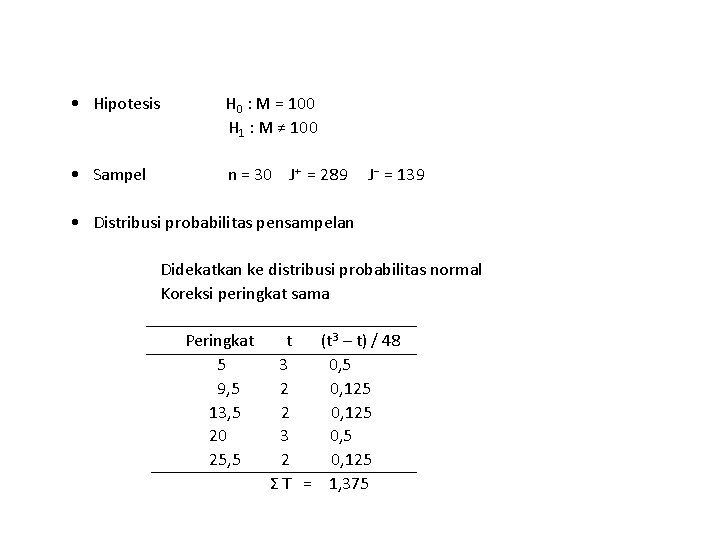 • Hipotesis H 0 : M = 100 H 1 : M ≠ • Hipotesis H 0 : M = 100 H 1 : M ≠