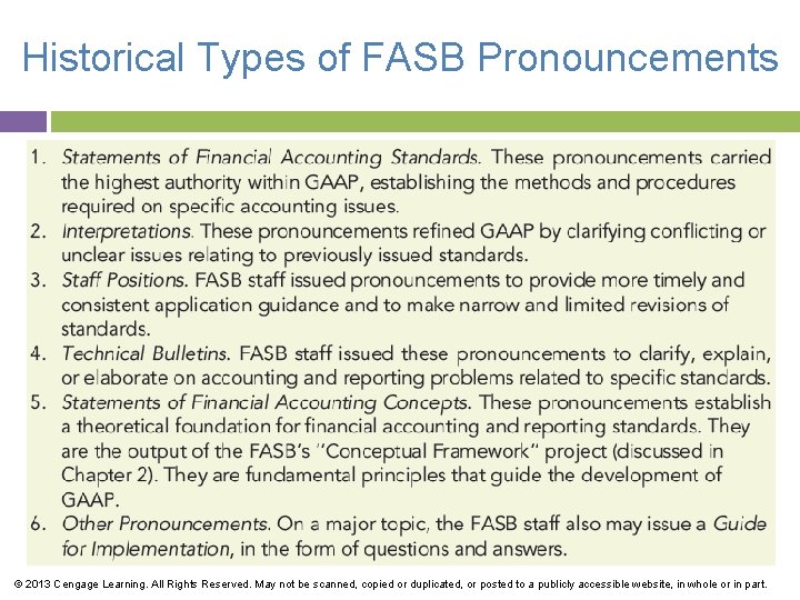 Historical Types of FASB Pronouncements © 2013 Cengage Learning. All Rights Reserved. May not