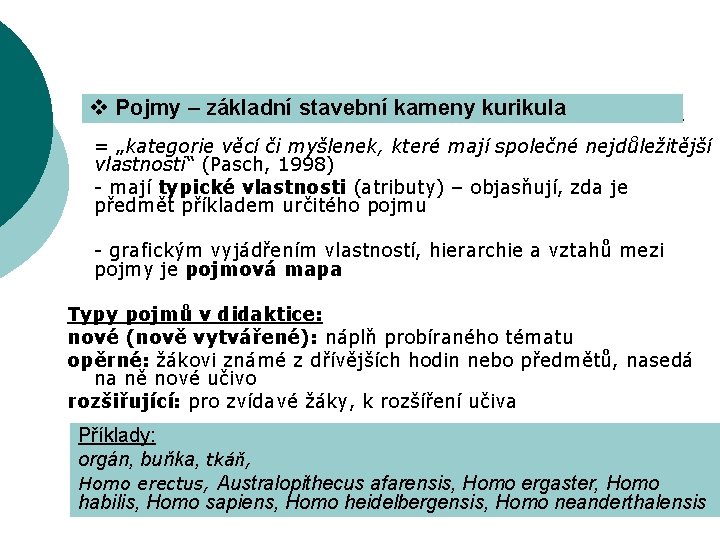 v Pojmy – základní stavební kameny kurikula = „kategorie věcí či myšlenek, které mají