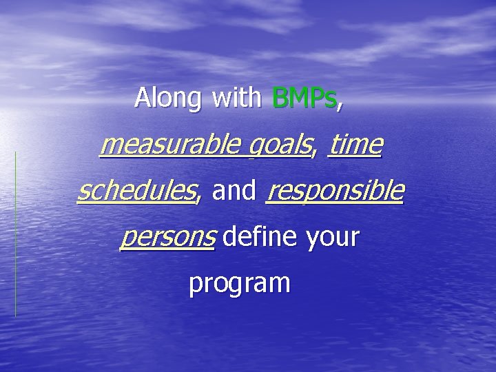 Along with BMPs, measurable goals, time schedules, and responsible persons define your program 
