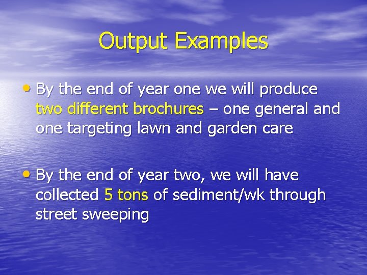 Output Examples • By the end of year one we will produce two different