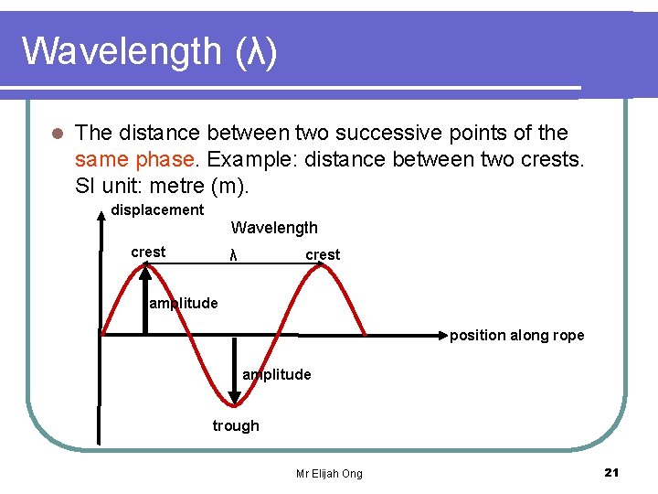 Wavelength (λ) l The distance between two successive points of the same phase. Example:
