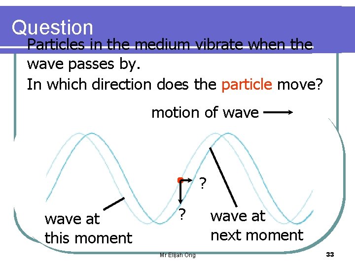 Question Particles in the medium vibrate when the wave passes by. In which direction