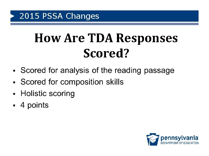 2015 PSSA Changes How Are TDA Responses Scored? 2015 PSSA Changes How Are TDA Responses Scored?