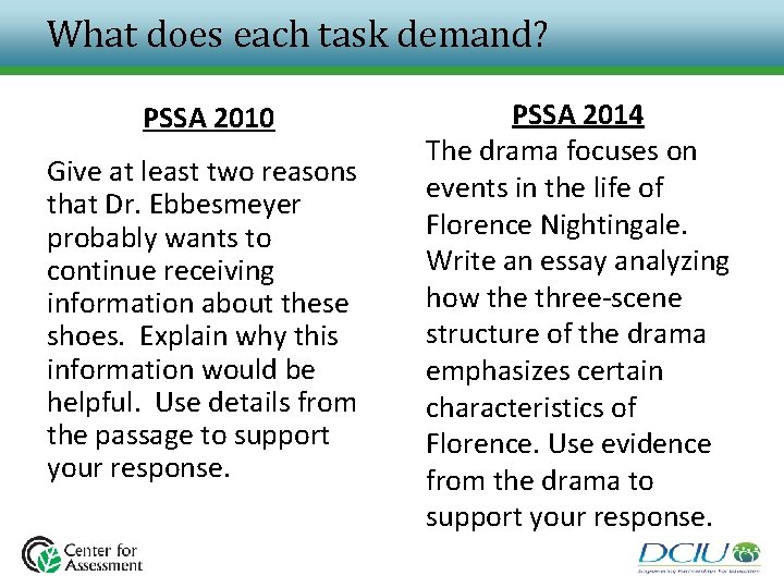 What does each task demand? PSSA 2010 Give at least two reasons that Dr. What does each task demand? PSSA 2010 Give at least two reasons that Dr.