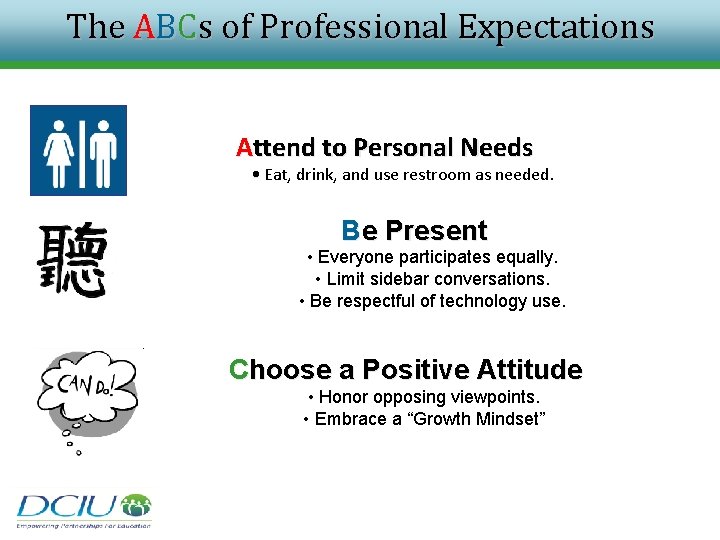The ABCs of Professional Expectations Attend to Personal Needs • Eat, drink, and use The ABCs of Professional Expectations Attend to Personal Needs • Eat, drink, and use
