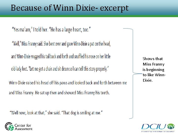 Because of Winn Dixie- excerpt Shows that Miss Franny is beginning to like Winn. Because of Winn Dixie- excerpt Shows that Miss Franny is beginning to like Winn.