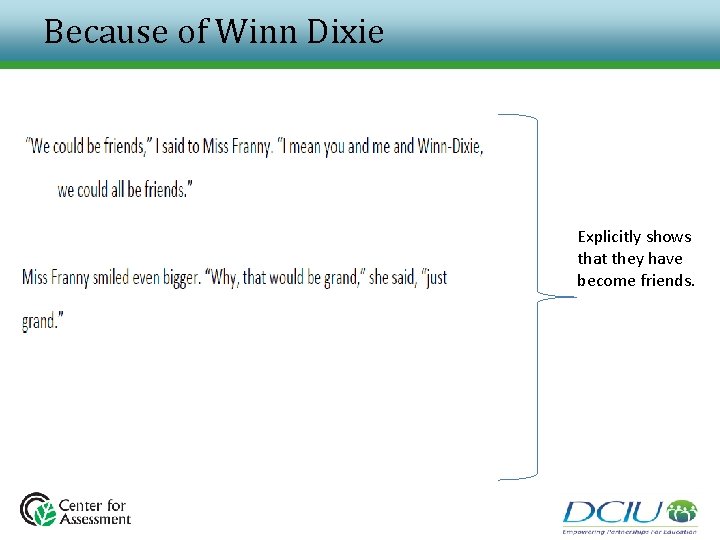 Because of Winn Dixie Explicitly shows that they have become friends. Because of Winn Dixie Explicitly shows that they have become friends.