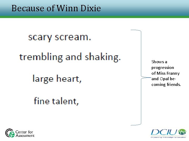 Because of Winn Dixie Shows a progression of Miss Franny and Opal becoming friends. Because of Winn Dixie Shows a progression of Miss Franny and Opal becoming friends.