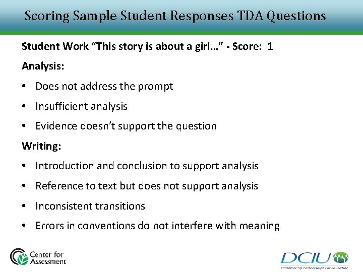 Scoring Sample Student Responses TDA Questions Student Work “This story is about a girl…” Scoring Sample Student Responses TDA Questions Student Work “This story is about a girl…”