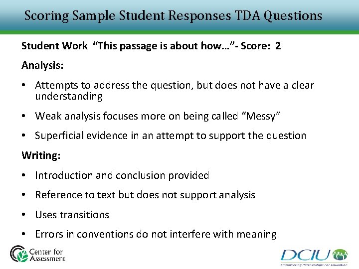 Scoring Sample Student Responses TDA Questions Student Work “This passage is about how…”- Score: Scoring Sample Student Responses TDA Questions Student Work “This passage is about how…”- Score: