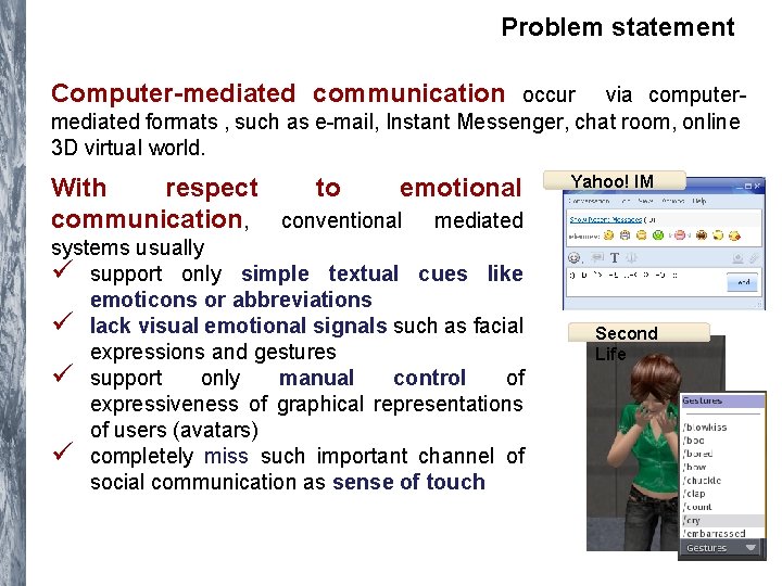 Problem statement Computer-mediated communication occur via computermediated formats , such as e-mail, Instant Messenger, Problem statement Computer-mediated communication occur via computermediated formats , such as e-mail, Instant Messenger,