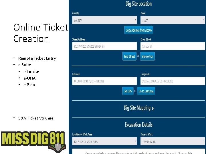 Online Ticket Creation • Remote Ticket Entry • e-Suite • e-Locate • e-OHA •