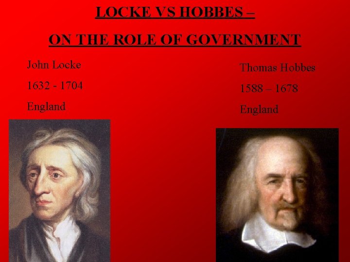 LOCKE VS HOBBES – ON THE ROLE OF GOVERNMENT John Locke Thomas Hobbes 1632