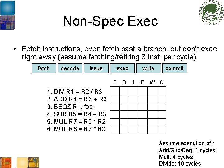 Non-Spec Exec • Fetch instructions, even fetch past a branch, but don’t exec right