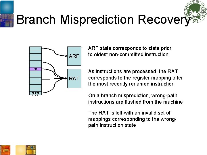 Branch Misprediction Recovery ARF br RAT ? !? ARF state corresponds to state prior