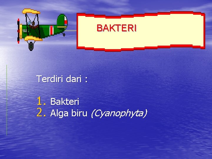 BAKTERI Terdiri dari : 1. Bakteri 2. Alga biru (Cyanophyta) 