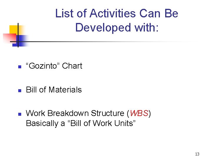 List of Activities Can Be Developed with: n “Gozinto” Chart n Bill of Materials List of Activities Can Be Developed with: n “Gozinto” Chart n Bill of Materials