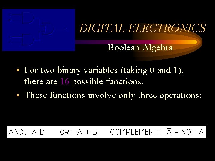 DIGITAL ELECTRONICS Boolean Algebra • For two binary variables (taking 0 and 1), there