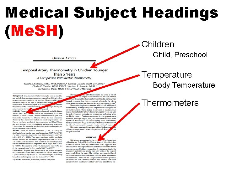 Medical Subject Headings (Me. SH) Children Child, Preschool Temperature Body Temperature Thermometers 