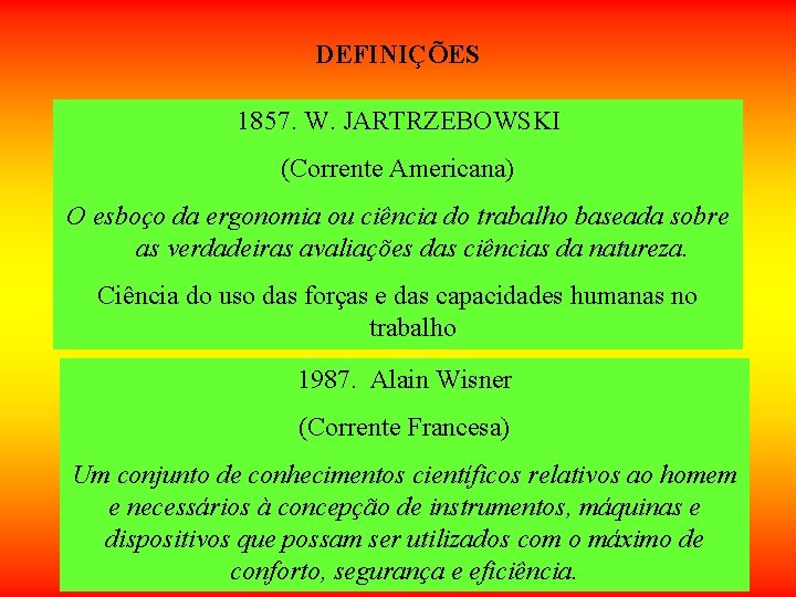 DEFINIÇÕES 1857. W. JARTRZEBOWSKI (Corrente Americana) O esboço da ergonomia ou ciência do trabalho DEFINIÇÕES 1857. W. JARTRZEBOWSKI (Corrente Americana) O esboço da ergonomia ou ciência do trabalho