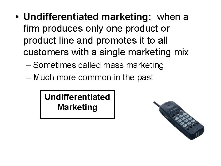  • Undifferentiated marketing: when a firm produces only one product or product line
