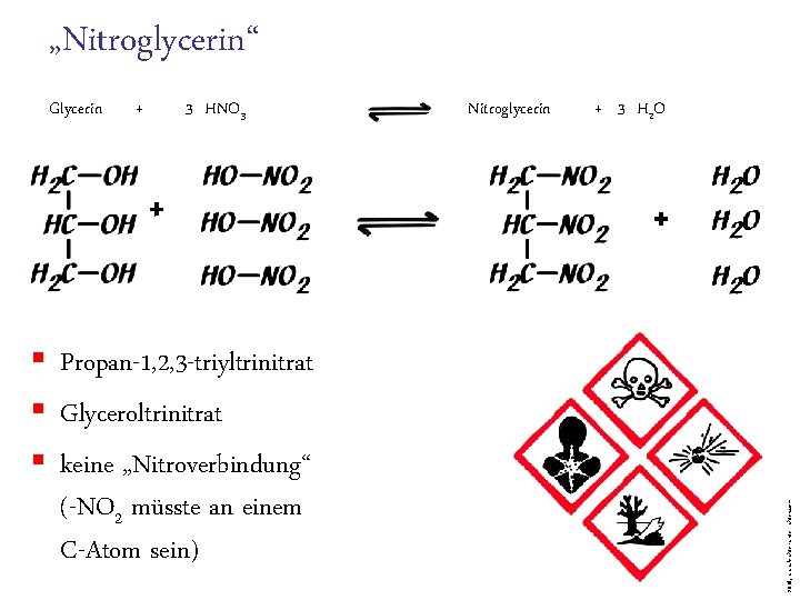 „Nitroglycerin“ + 3 HNO 3 + § Propan-1, 2, 3 -triyltrinitrat § Glyceroltrinitrat §