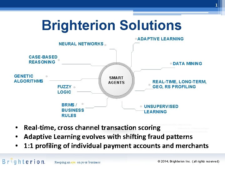 1 Brighterion Solutions ADAPTIVE LEARNING NEURAL NETWORKS CASE-BASED REASONING GENETIC ALGORITHMS i f n