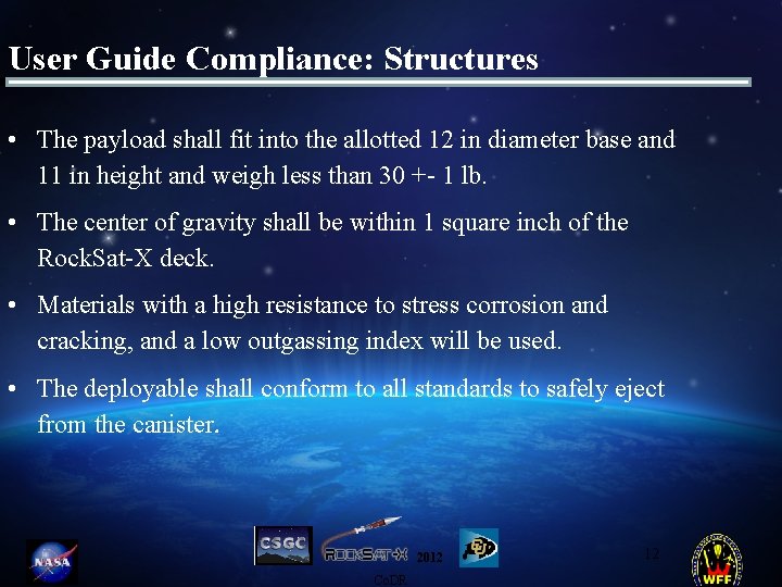 User Guide Compliance: Structures • The payload shall fit into the allotted 12 in