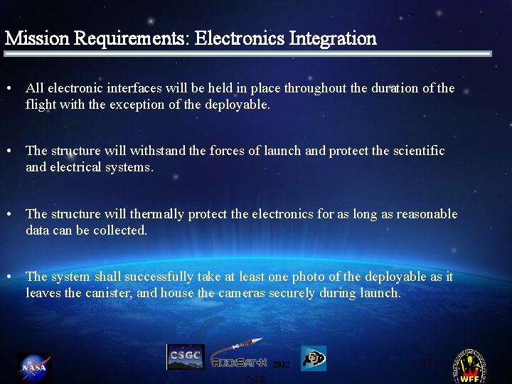 Mission Requirements: Electronics Integration • All electronic interfaces will be held in place throughout