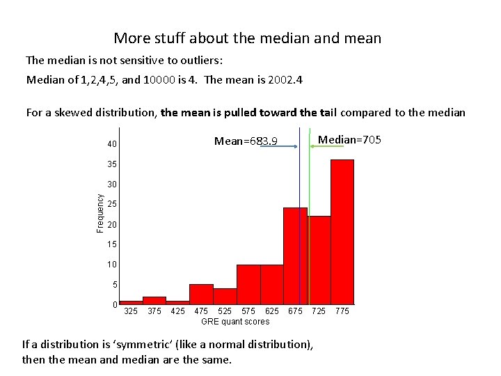 More stuff about the median and mean The median is not sensitive to outliers: