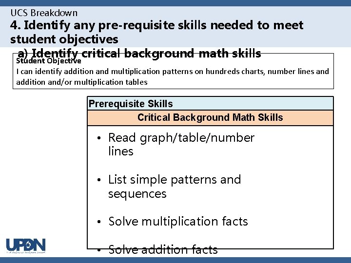UCS Breakdown 4. Identify any pre-requisite skills needed to meet student objectives a) Identify