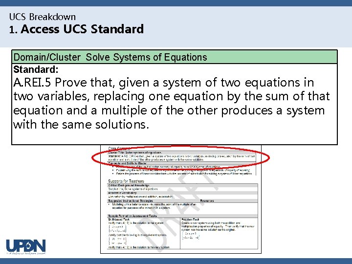 UCS Breakdown 1. Access UCS Standard Domain/Cluster Solve Systems of Equations Standard: A. REI.