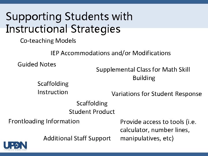 Supporting Students with Instructional Strategies Co-teaching Models IEP Accommodations and/or Modifications Guided Notes Scaffolding