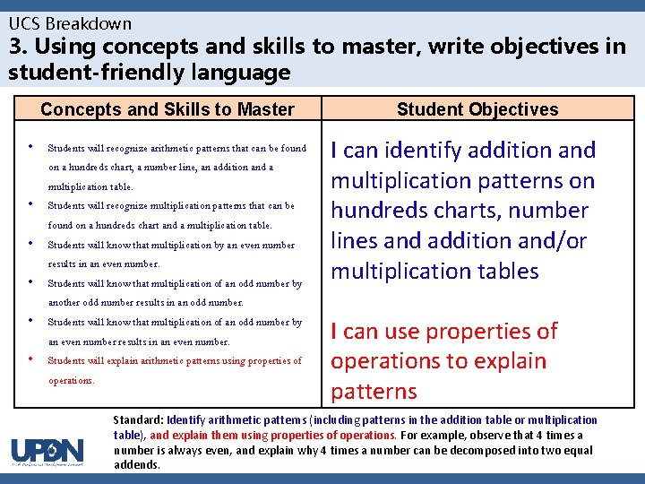 UCS Breakdown 3. Using concepts and skills to master, write objectives in student-friendly language